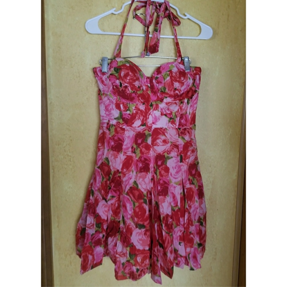 Floral rose print retro pin up halter dress